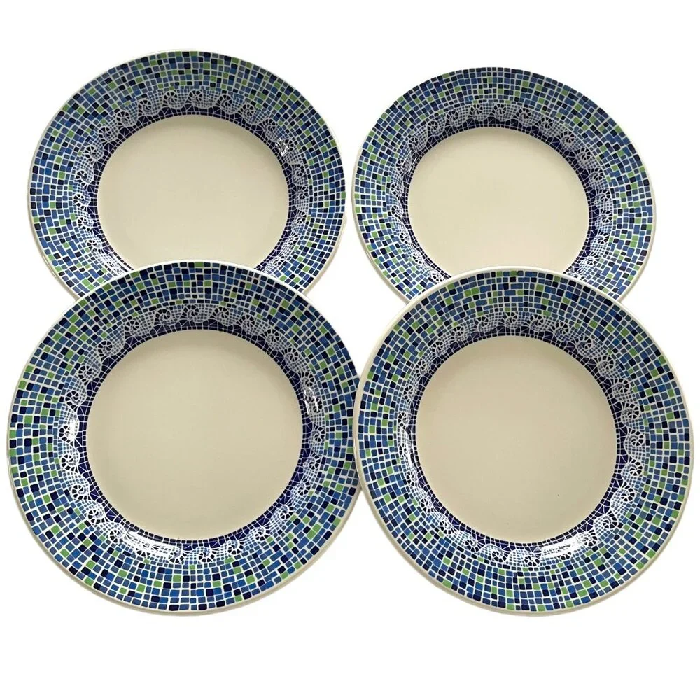 (4) Pier 1 Imports Summerlin Dinner Plates Blue White Green Mosaic Print 10 1/4